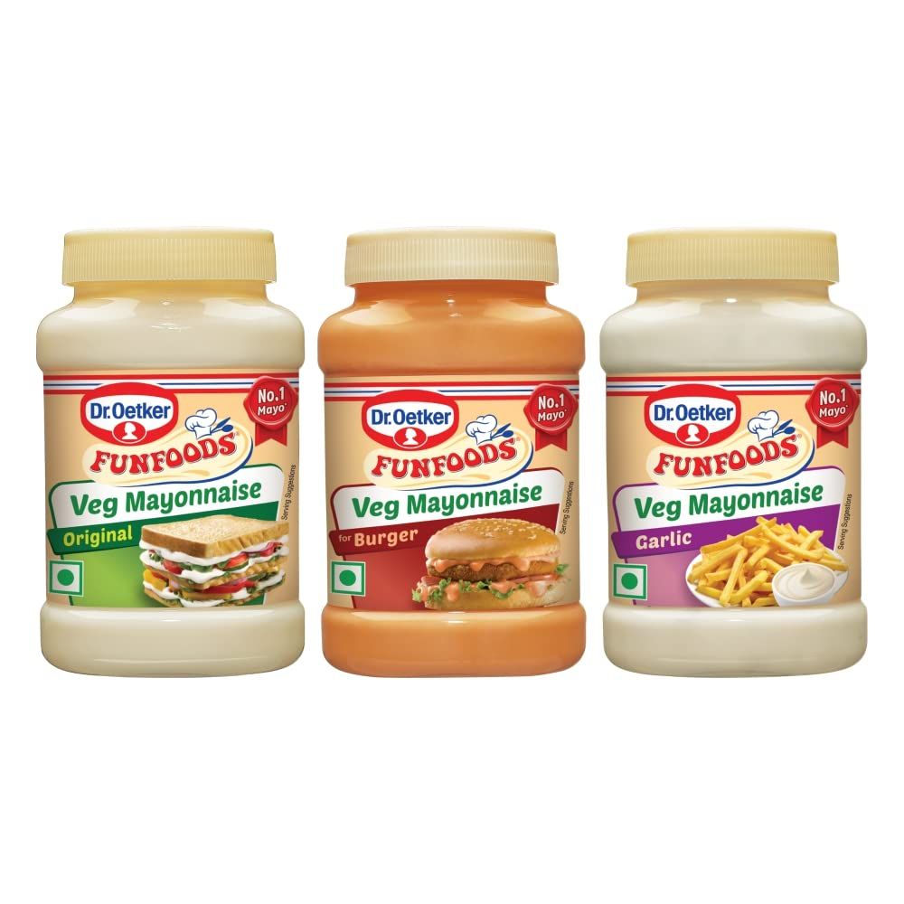 Dr. Oetker Funfoods Vegetarian Mayonnaise Combo -Veg Mayonnaise Original 250 Gram, Veg Mayonnaise Garlic 250 Gram and Burger Mayonnaise 250 Gram product image